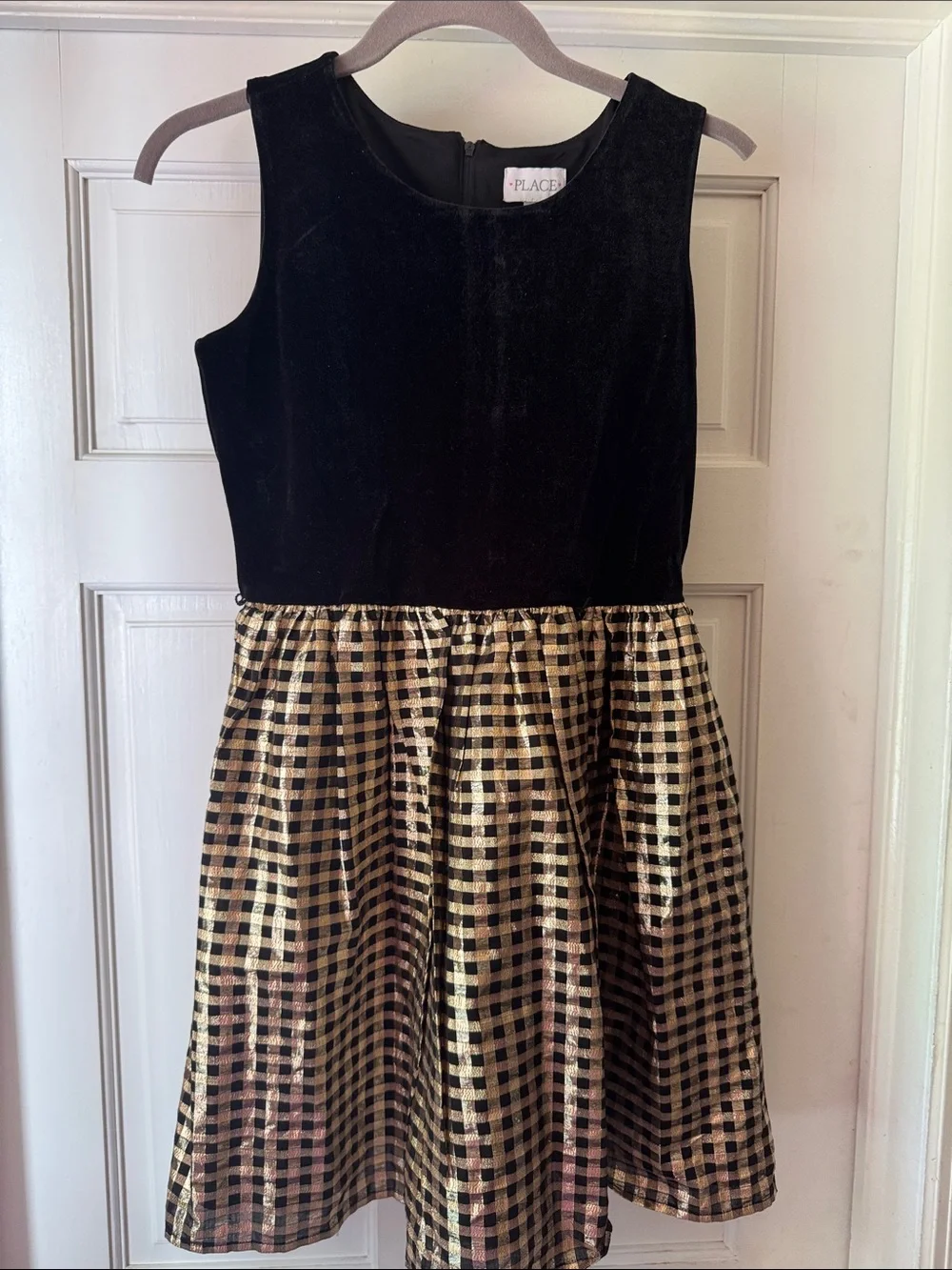 The Children's Place Black Velvet Bodice with Gold Plaid Skirt Dress